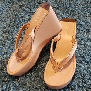 Aldo Nude leather wedge flip flops